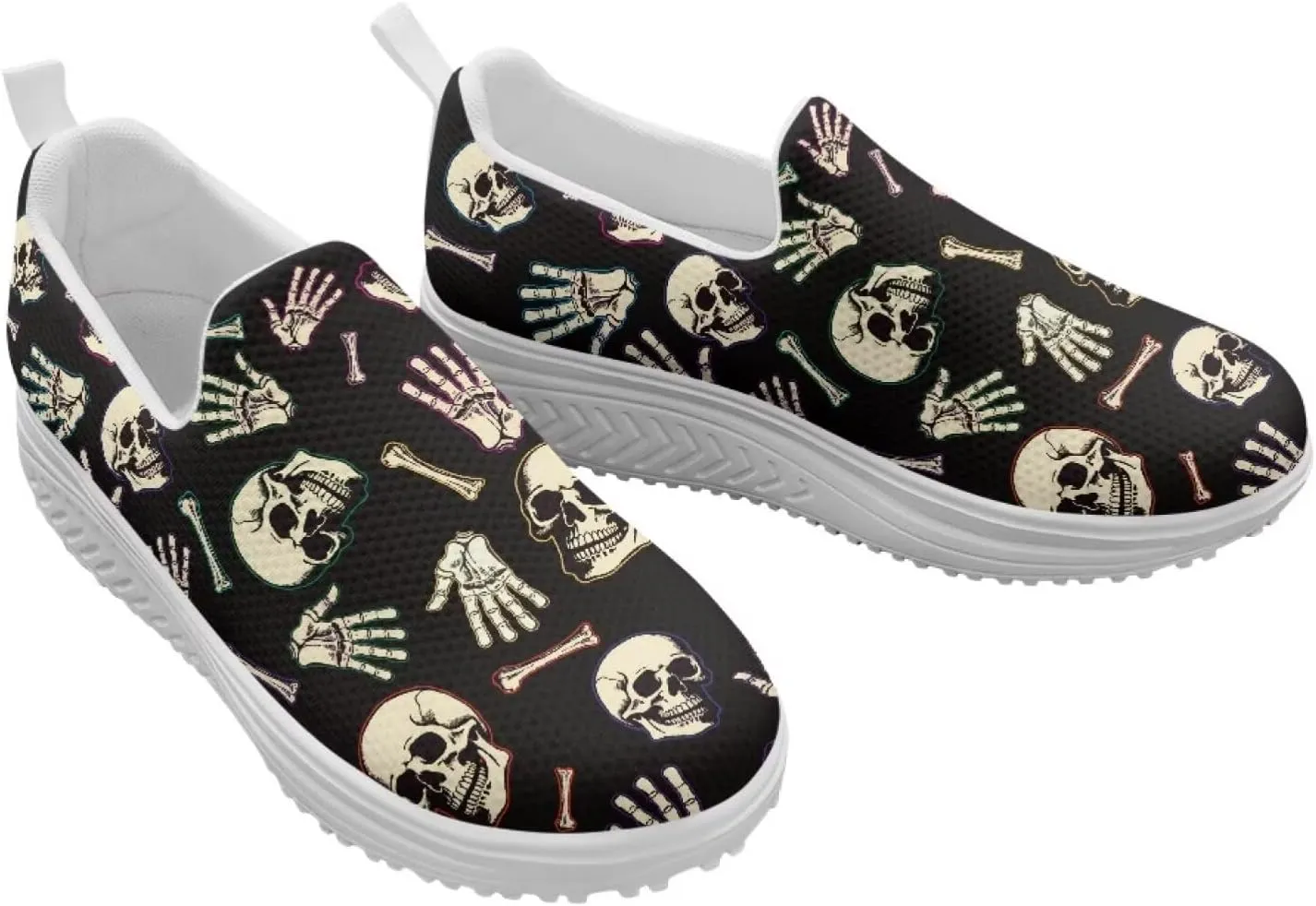 Skull Design Women's Slip-On Platform Loafers Mesh Non-Slip Rocker Bottom Sneakers Standing All Day Comfort