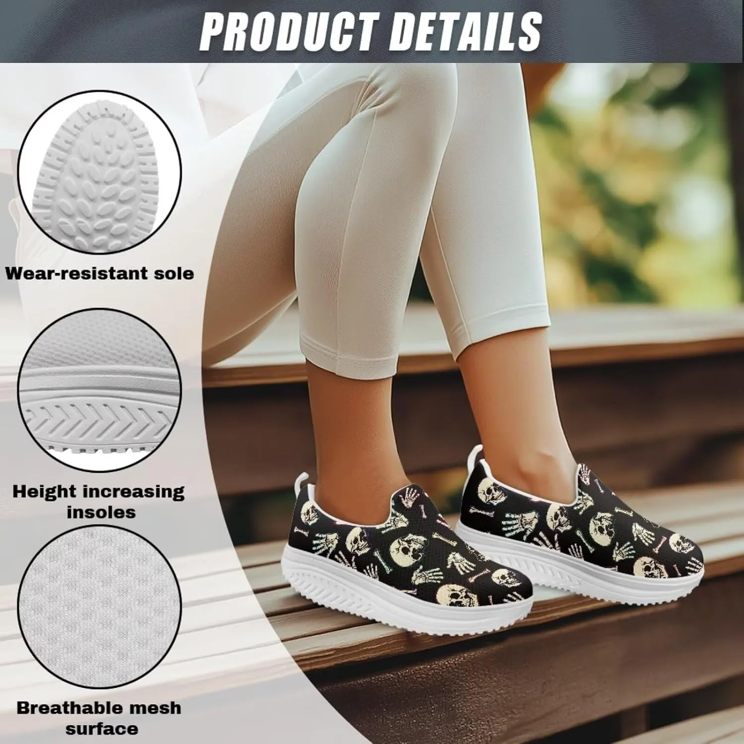 Skull Design Women's Slip-On Platform Loafers Mesh Non-Slip Rocker Bottom Sneakers Standing All Day Comfort
