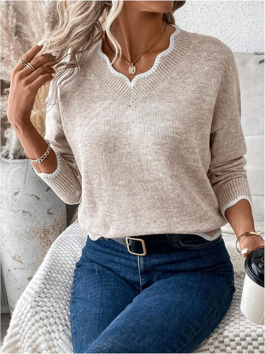 SOLY HUX Women's Long Sleeve Sweaters V Neck Knitted Sweater Tops Loose Jumper Pullover Fall Outfits