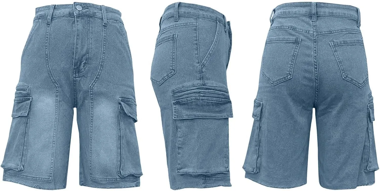 SOMTHRON Women's Denim Cargo Shorts High Waisted Straight Leg Frayed Hem Knee Length Jean Shorts with Pockets