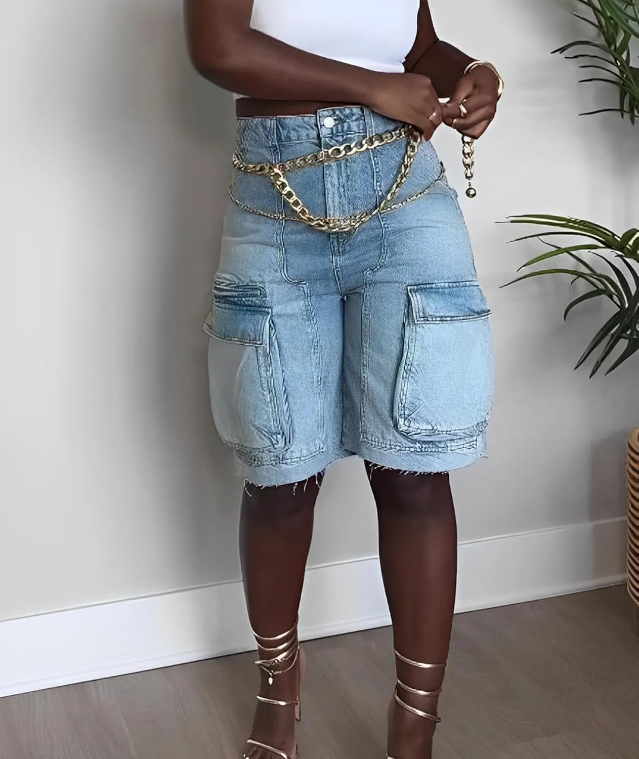SOMTHRON Women's Denim Cargo Shorts High Waisted Straight Leg Frayed Hem Knee Length Jean Shorts with Pockets
