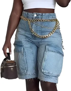 SOMTHRON Women's Denim Cargo Shorts High Waisted Straight Leg Frayed Hem Knee Length Jean Shorts with Pockets