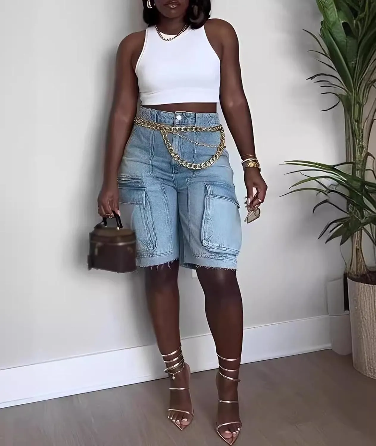 SOMTHRON Women's Denim Cargo Shorts High Waisted Straight Leg Frayed Hem Knee Length Jean Shorts with Pockets