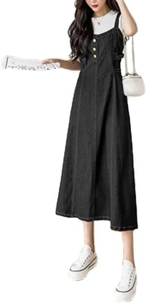 SOMTHRON Women's Straps Denim Overall Dress Sleeveless Smocked Tie Back A-Line Pinafore Midi Jean Dress
