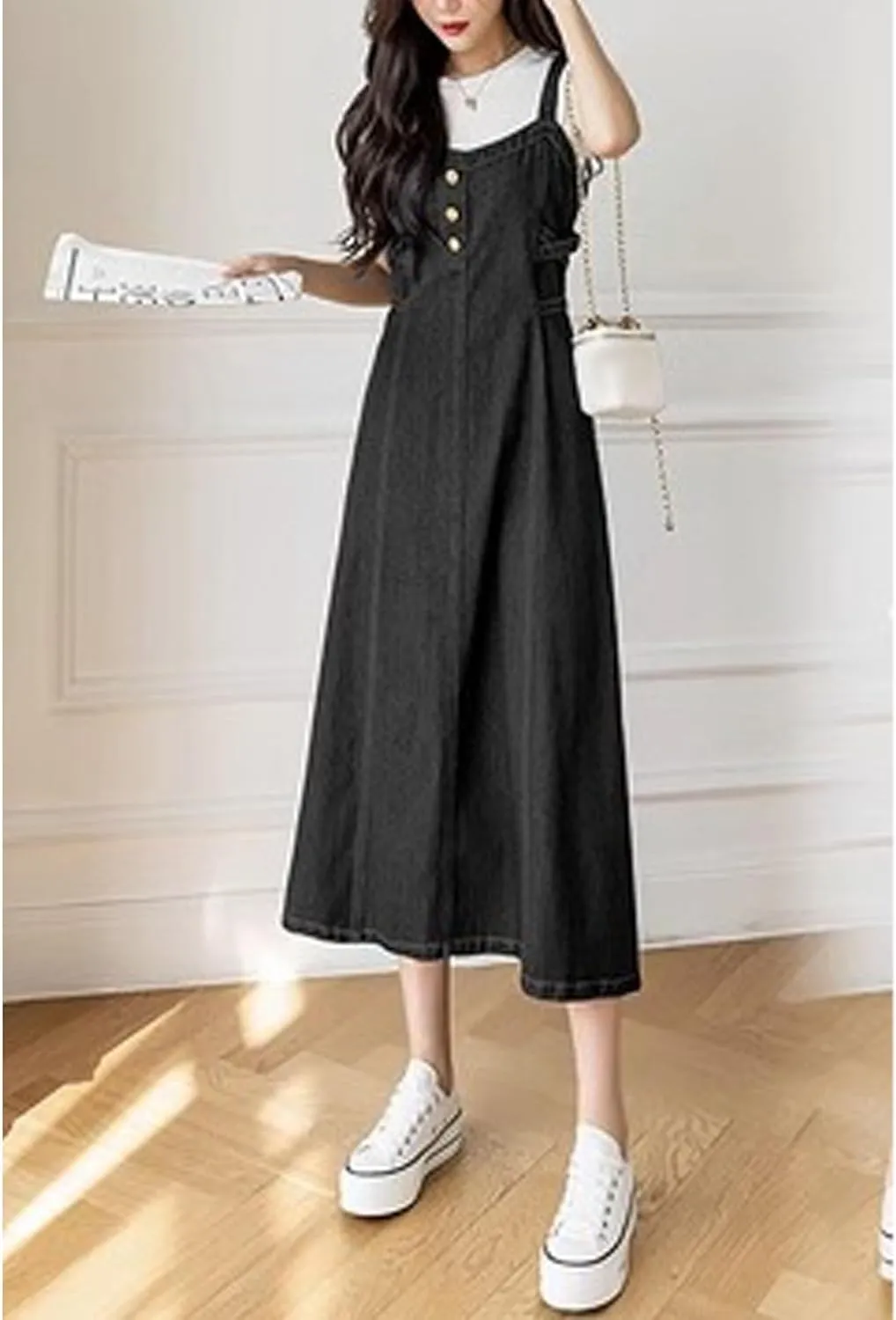 SOMTHRON Women's Straps Denim Overall Dress Sleeveless Smocked Tie Back A-Line Pinafore Midi Jean Dress