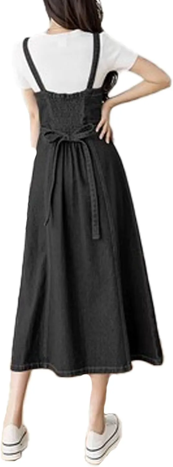 SOMTHRON Women's Straps Denim Overall Dress Sleeveless Smocked Tie Back A-Line Pinafore Midi Jean Dress