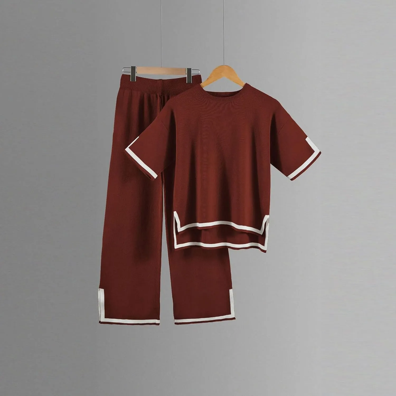 Stripe Sweater Sets for Women 2 Piece Outfits Lounge Sets Short Sleeve Knit Pullover Tops and Wide Leg Pants Sets