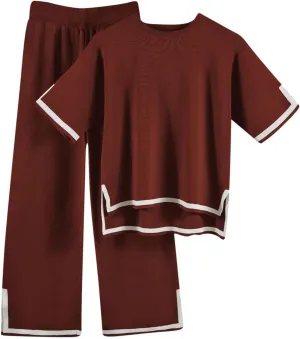 Stripe Sweater Sets for Women 2 Piece Outfits Lounge Sets Short Sleeve Knit Pullover Tops and Wide Leg Pants Sets