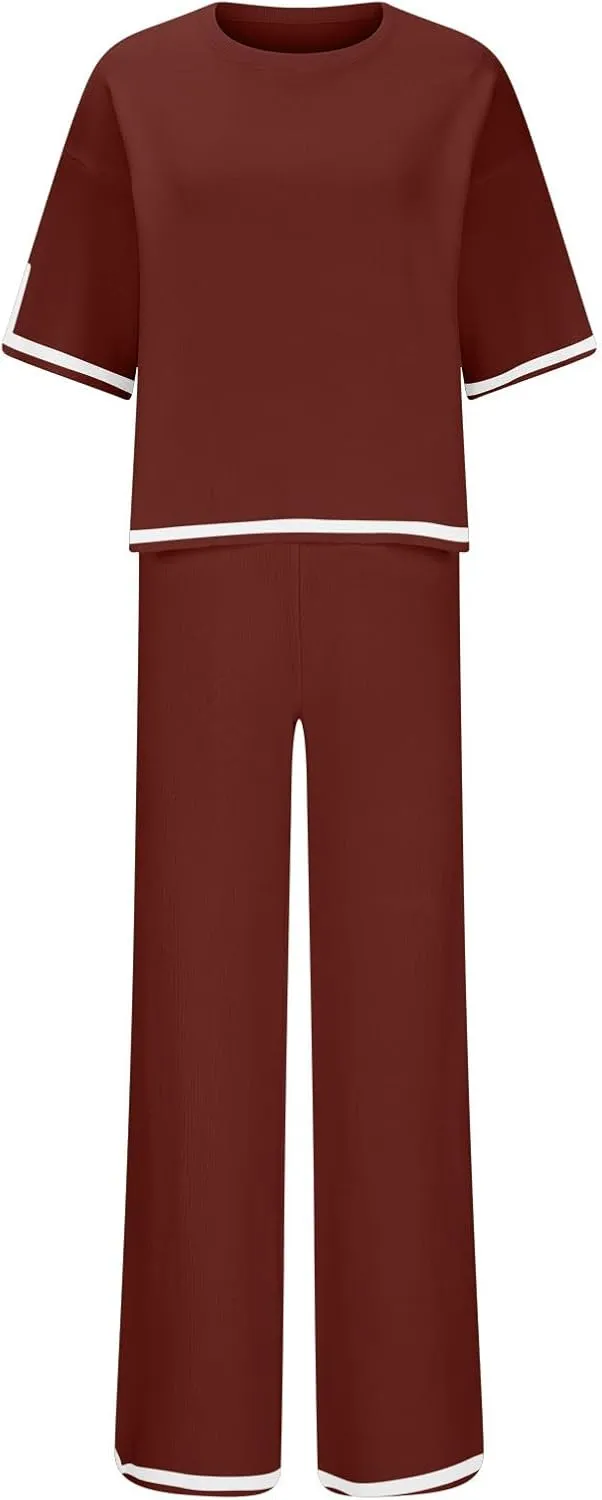 Stripe Sweater Sets for Women 2 Piece Outfits Lounge Sets Short Sleeve Knit Pullover Tops and Wide Leg Pants Sets