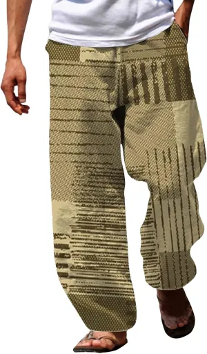 Summer Baggy Boho Pants for Men Hippie Casual Wide Leg Harem Pants Elastic Waist Contrast Beach Yoga Hawaiian Pant
