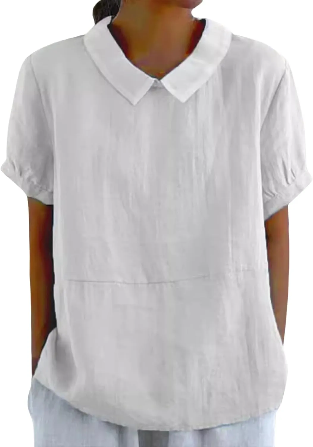Summer Linen Shirts for Womens Short Sleeve Casual Stand Collared Work Blouse Tunic Tops