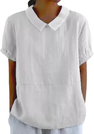 Summer Linen Shirts for Womens Short Sleeve Casual Stand Collared Work Blouse Tunic Tops