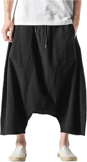 SUWBMHWE Mens Hippie Pants Harem Men Long Shorts Casual Comfy Wide-Leg Trousers Baggy Boho Beach Yoga Men's Linen Summer Uni