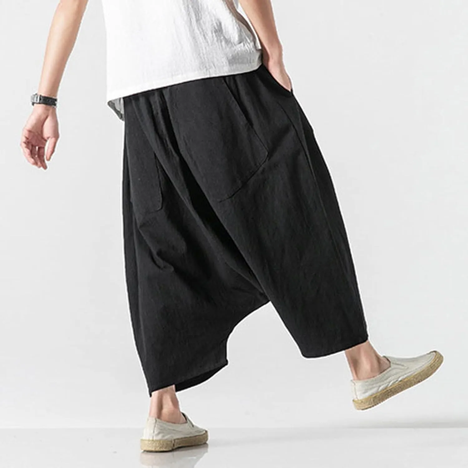 SUWBMHWE Mens Hippie Pants Harem Men Long Shorts Casual Comfy Wide-Leg Trousers Baggy Boho Beach Yoga Men's Linen Summer Uni