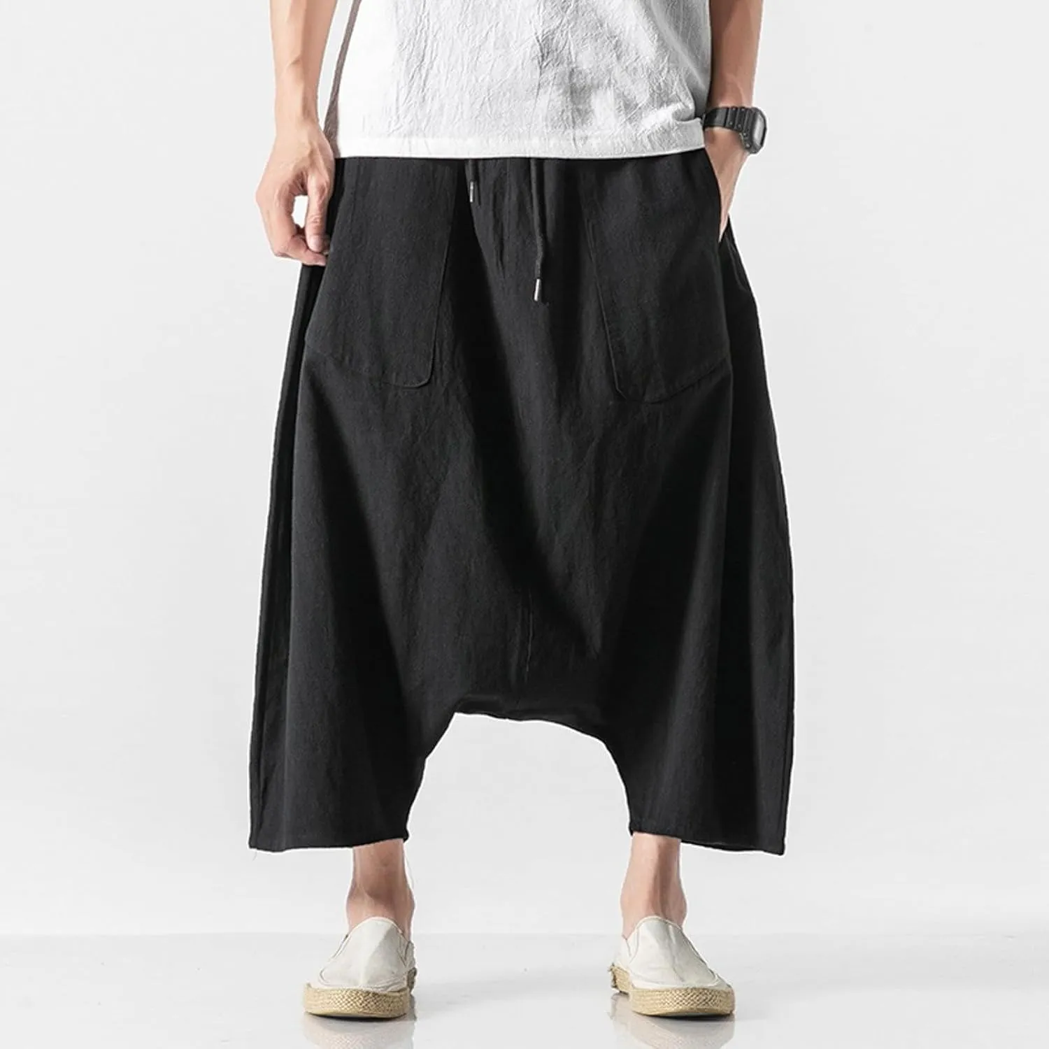 SUWBMHWE Mens Hippie Pants Harem Men Long Shorts Casual Comfy Wide-Leg Trousers Baggy Boho Beach Yoga Men's Linen Summer Uni