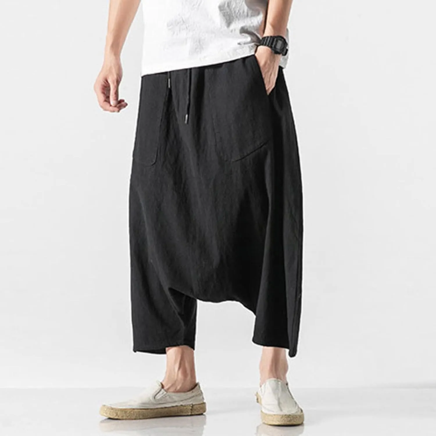 SUWBMHWE Mens Hippie Pants Harem Men Long Shorts Casual Comfy Wide-Leg Trousers Baggy Boho Beach Yoga Men's Linen Summer Uni