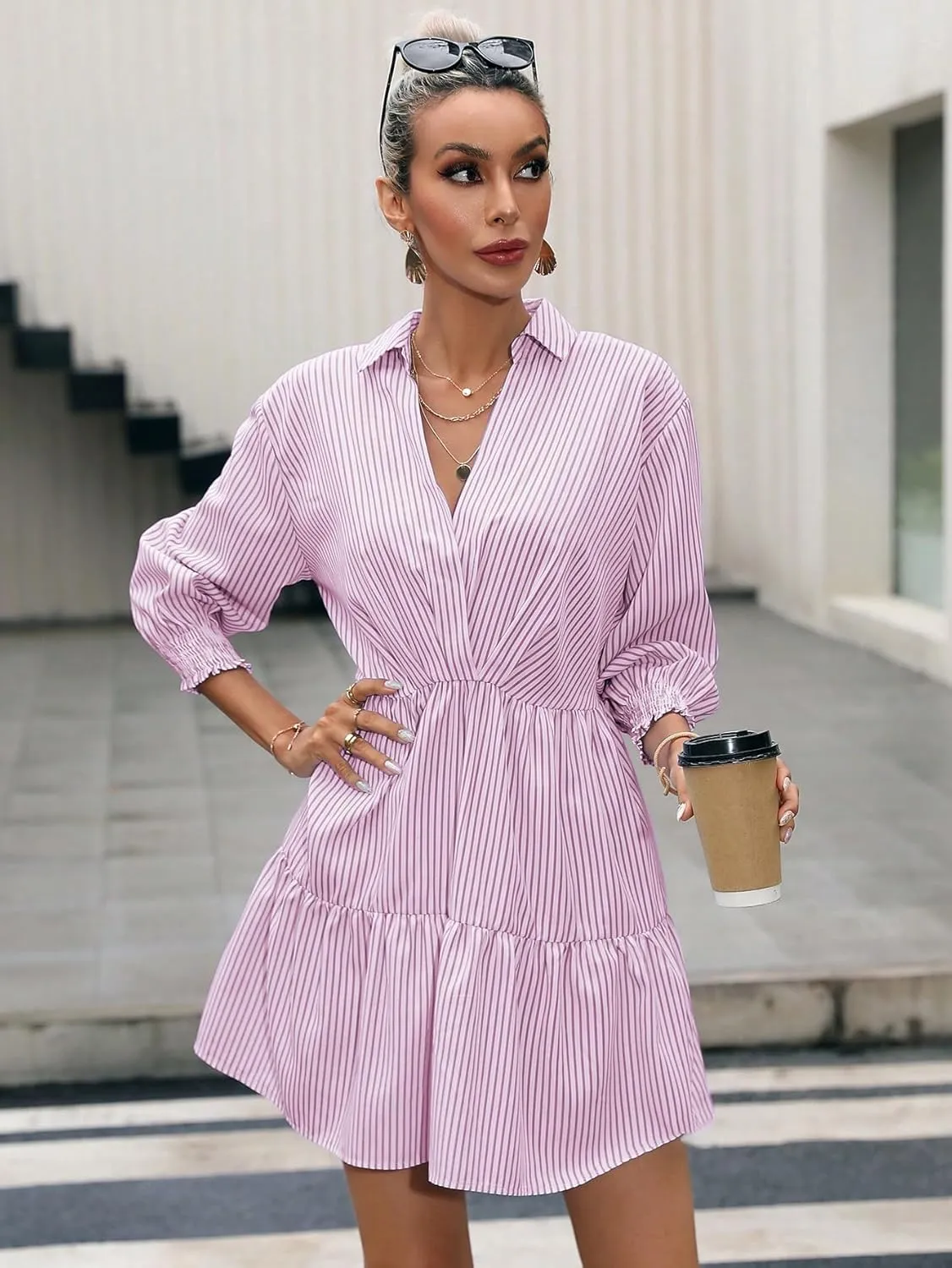 SweatyRocks Women's 3/4 Sleeve V Neck Collar Striped Dress Casual A Line Ruffle Hem Mini Dresses