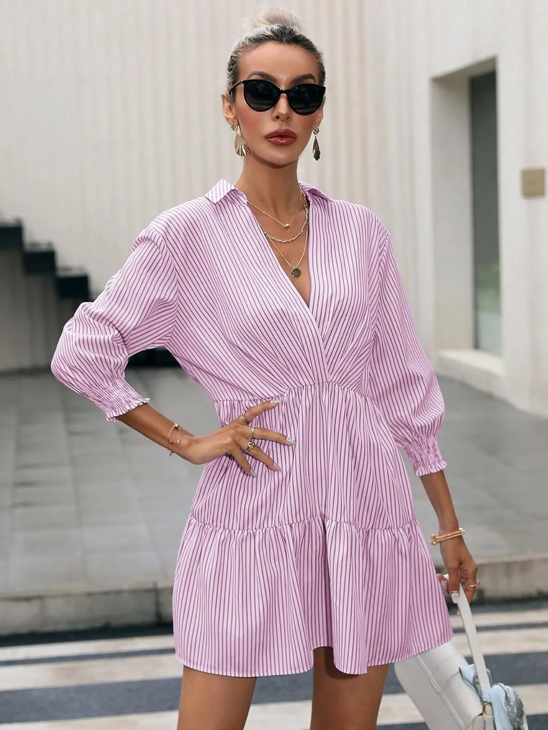 SweatyRocks Women's 3/4 Sleeve V Neck Collar Striped Dress Casual A Line Ruffle Hem Mini Dresses