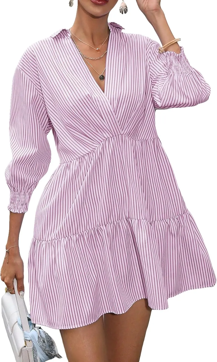 SweatyRocks Women's 3/4 Sleeve V Neck Collar Striped Dress Casual A Line Ruffle Hem Mini Dresses