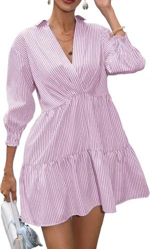 SweatyRocks Women's 3/4 Sleeve V Neck Collar Striped Dress Casual A Line Ruffle Hem Mini Dresses
