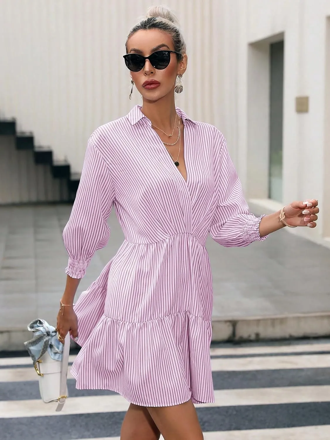 SweatyRocks Women's 3/4 Sleeve V Neck Collar Striped Dress Casual A Line Ruffle Hem Mini Dresses