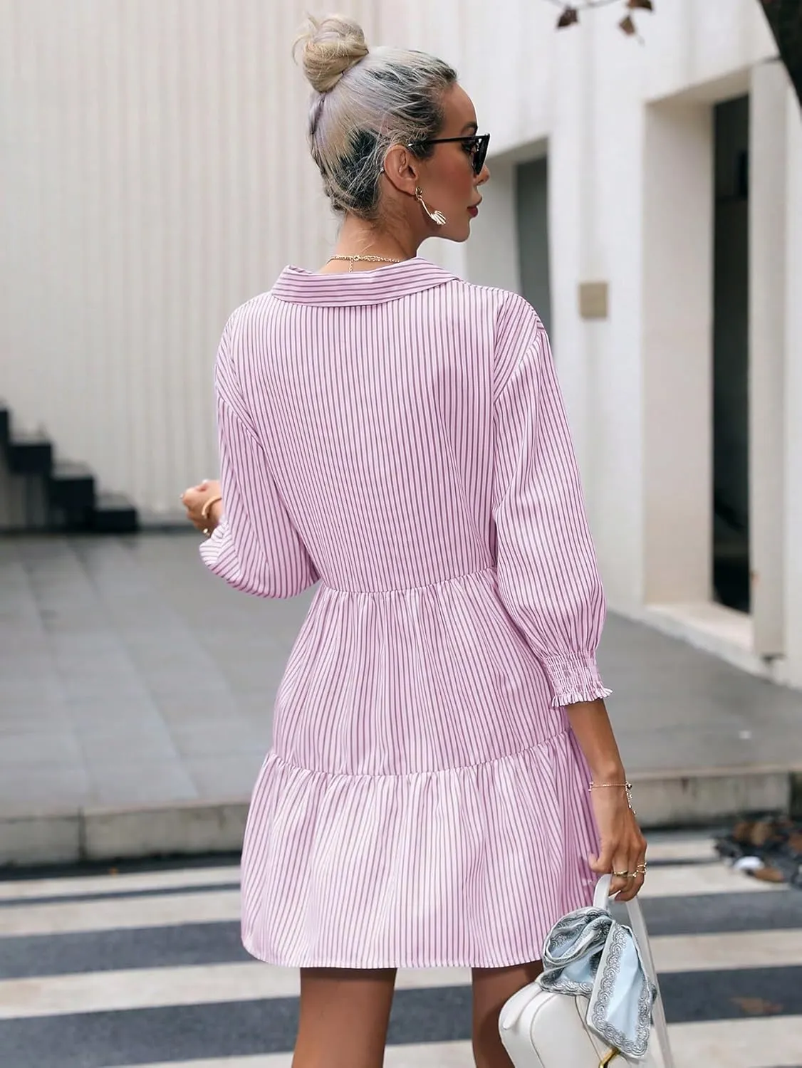 SweatyRocks Women's 3/4 Sleeve V Neck Collar Striped Dress Casual A Line Ruffle Hem Mini Dresses