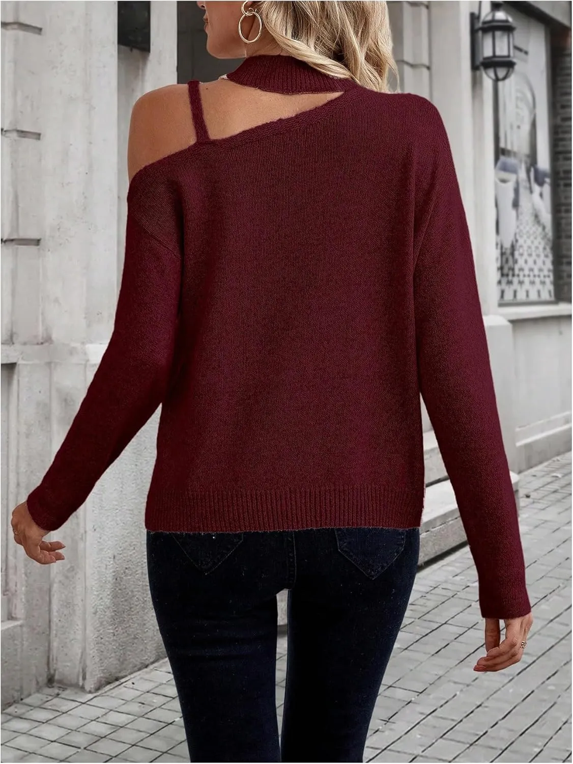 SweatyRocks Women's Cold Shoulder Mock Neck Sweater Cut Out Asymmetrical Long Sleeve Pullover Tops