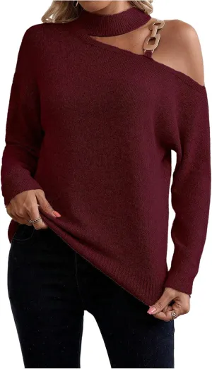 SweatyRocks Women's Cold Shoulder Mock Neck Sweater Cut Out Asymmetrical Long Sleeve Pullover Tops