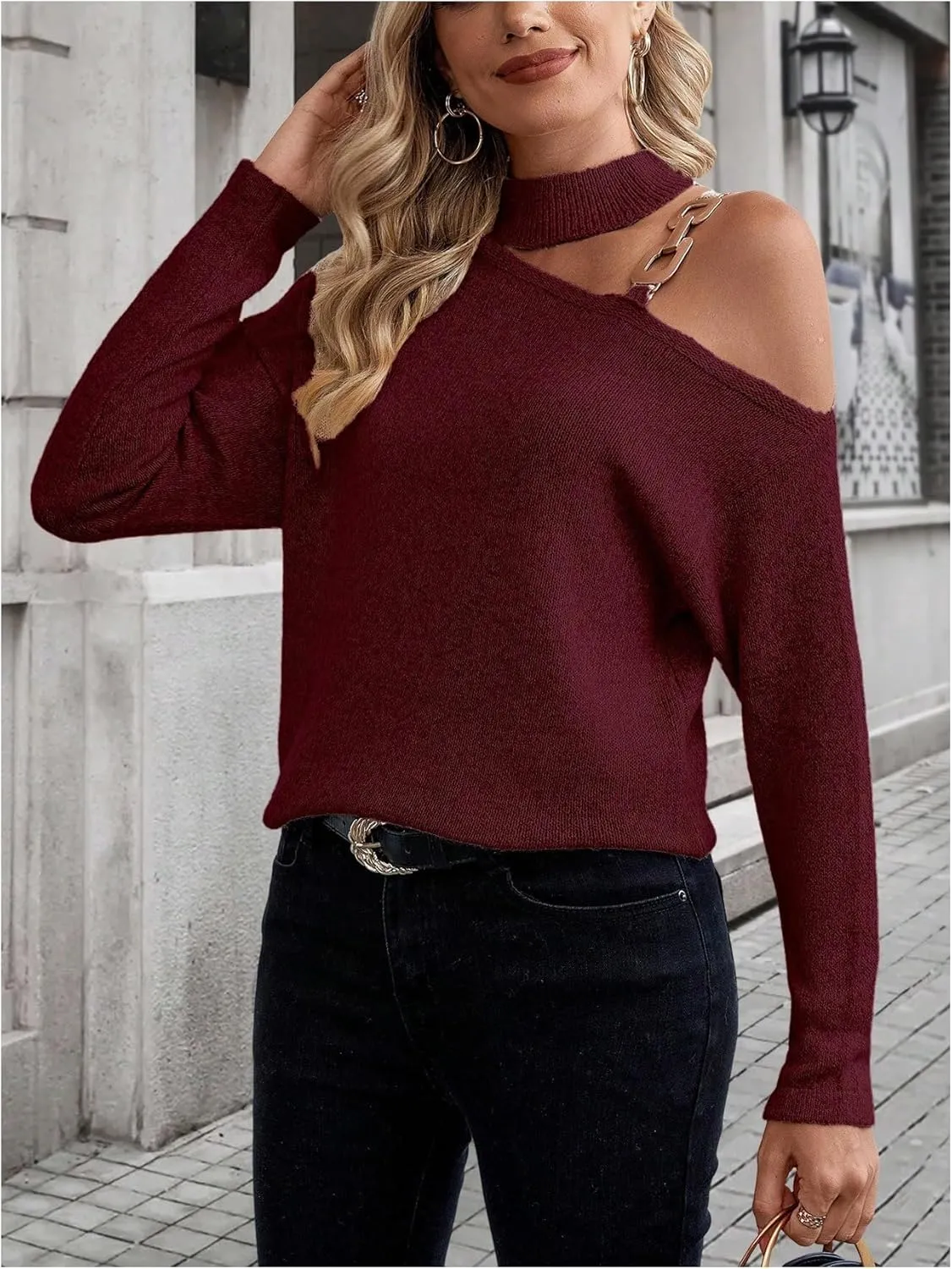 SweatyRocks Women's Cold Shoulder Mock Neck Sweater Cut Out Asymmetrical Long Sleeve Pullover Tops