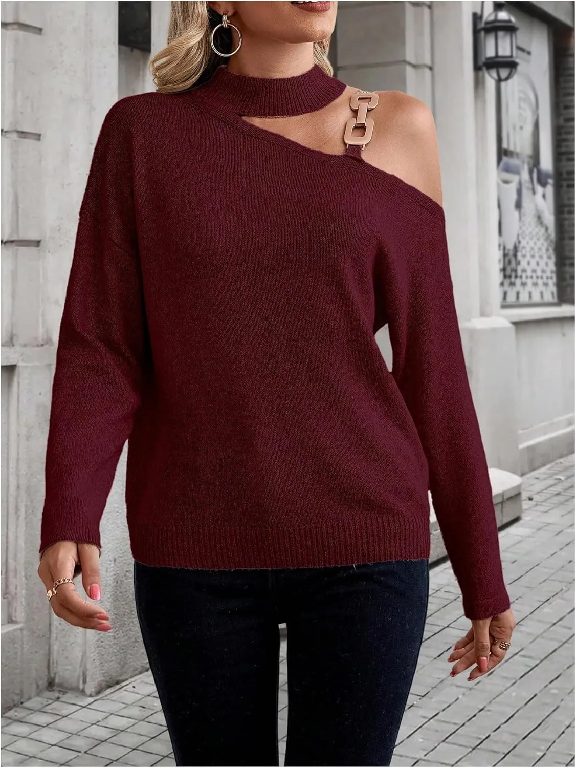 SweatyRocks Women's Cold Shoulder Mock Neck Sweater Cut Out Asymmetrical Long Sleeve Pullover Tops