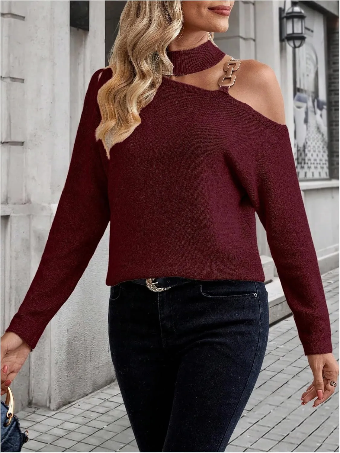 SweatyRocks Women's Cold Shoulder Mock Neck Sweater Cut Out Asymmetrical Long Sleeve Pullover Tops