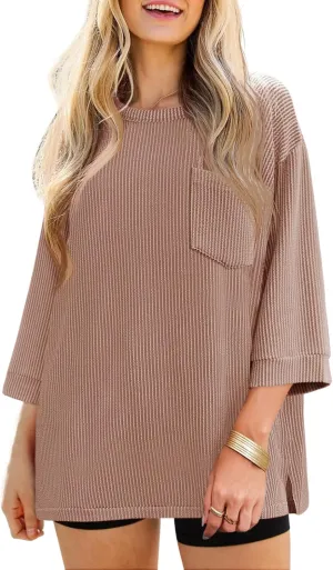 Tankaneo Womens Oversized 3/4 Bell Sleeve Tops Summer Casual Textured Knit T-Shirts Loose Fit Crewneck Blouse Tees Shirts