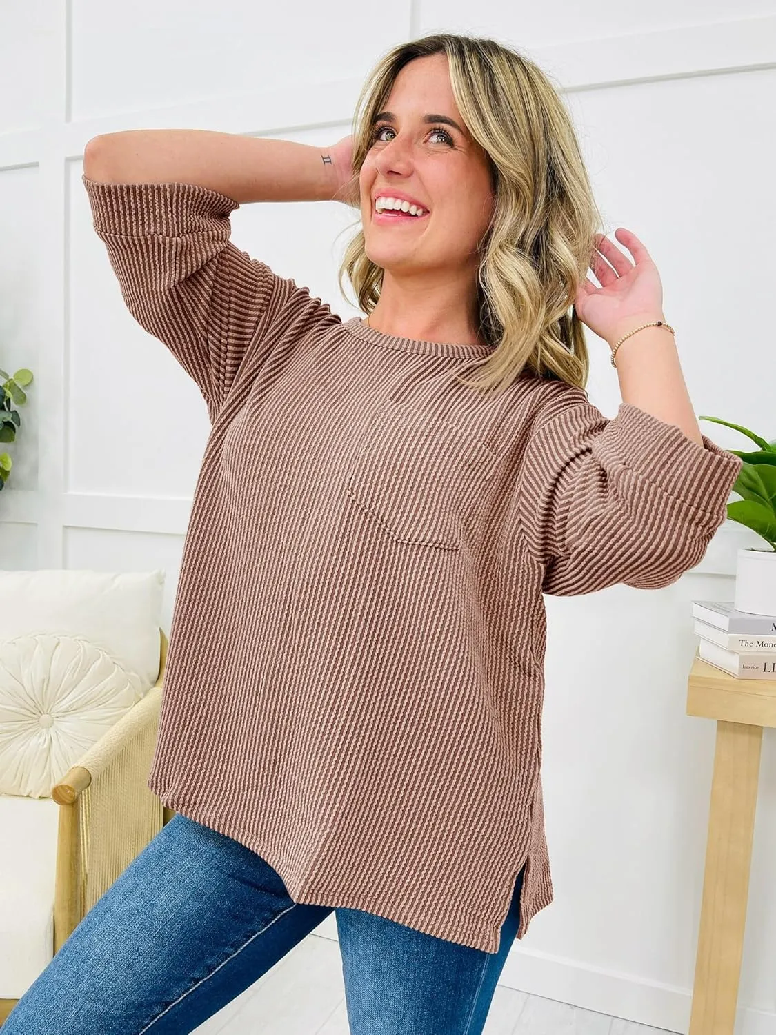 Tankaneo Womens Oversized 3/4 Bell Sleeve Tops Summer Casual Textured Knit T-Shirts Loose Fit Crewneck Blouse Tees Shirts
