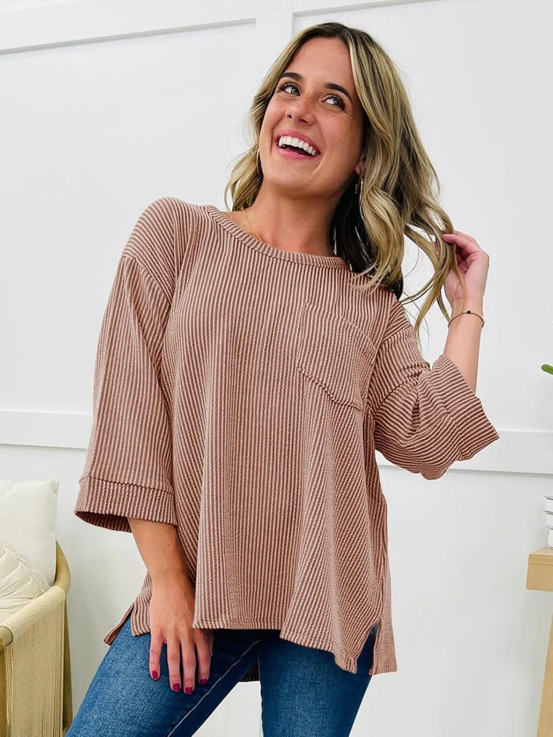 Tankaneo Womens Oversized 3/4 Bell Sleeve Tops Summer Casual Textured Knit T-Shirts Loose Fit Crewneck Blouse Tees Shirts