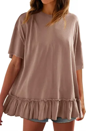Tankaneo Womens Peplum Oversized Tshirt Summer Casual Pleated Shirt Dress Crew Neck Flowy Beach Tunic Tops