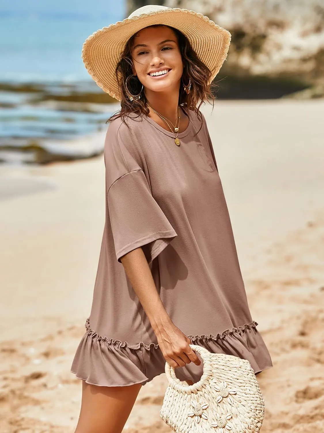 Tankaneo Womens Peplum Oversized Tshirt Summer Casual Pleated Shirt Dress Crew Neck Flowy Beach Tunic Tops