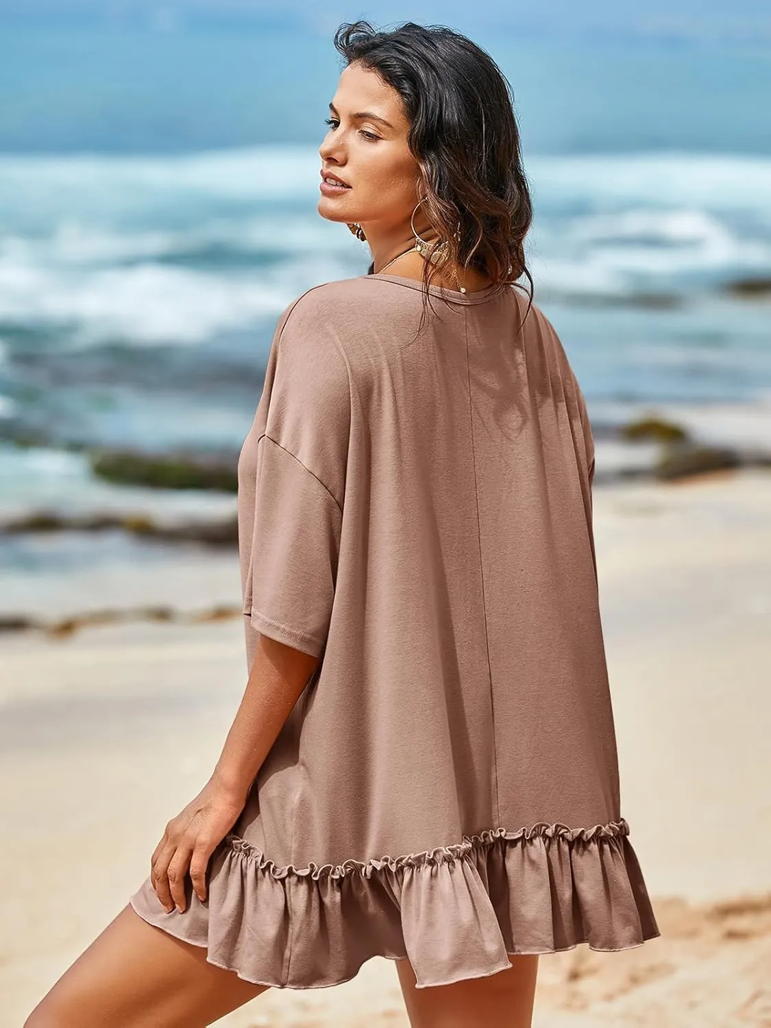 Tankaneo Womens Peplum Oversized Tshirt Summer Casual Pleated Shirt Dress Crew Neck Flowy Beach Tunic Tops