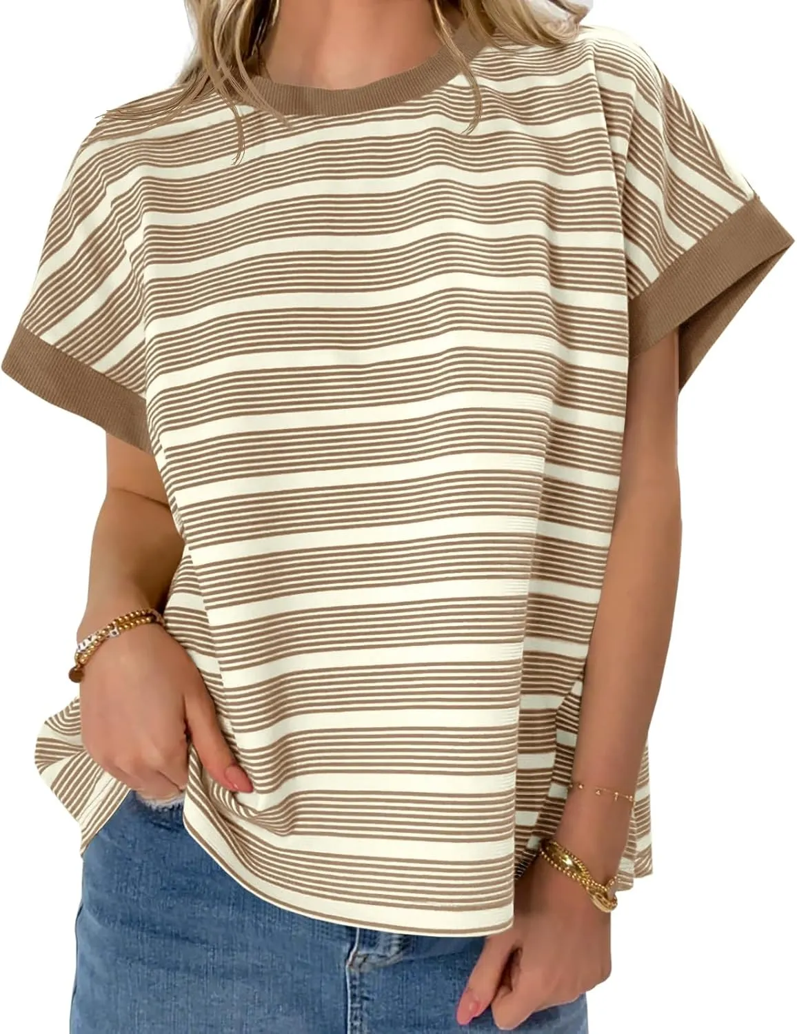 Tankaneo Womens Striped Cap Sleeve T Shirts Summer Casual Oversized Ribbed Knit Tops Crew Neck Loose Fit Blouses