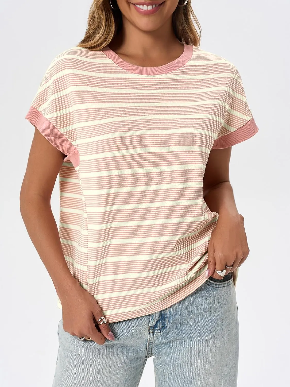 Tankaneo Womens Striped Cap Sleeve T Shirts Summer Casual Oversized Ribbed Knit Tops Crew Neck Loose Fit Blouses