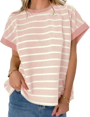 Tankaneo Womens Striped Cap Sleeve T Shirts Summer Casual Oversized Ribbed Knit Tops Crew Neck Loose Fit Blouses