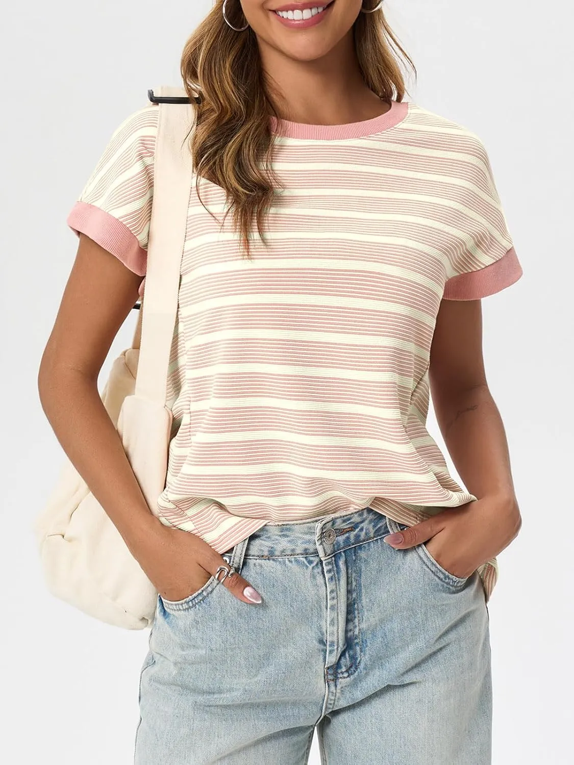 Tankaneo Womens Striped Cap Sleeve T Shirts Summer Casual Oversized Ribbed Knit Tops Crew Neck Loose Fit Blouses