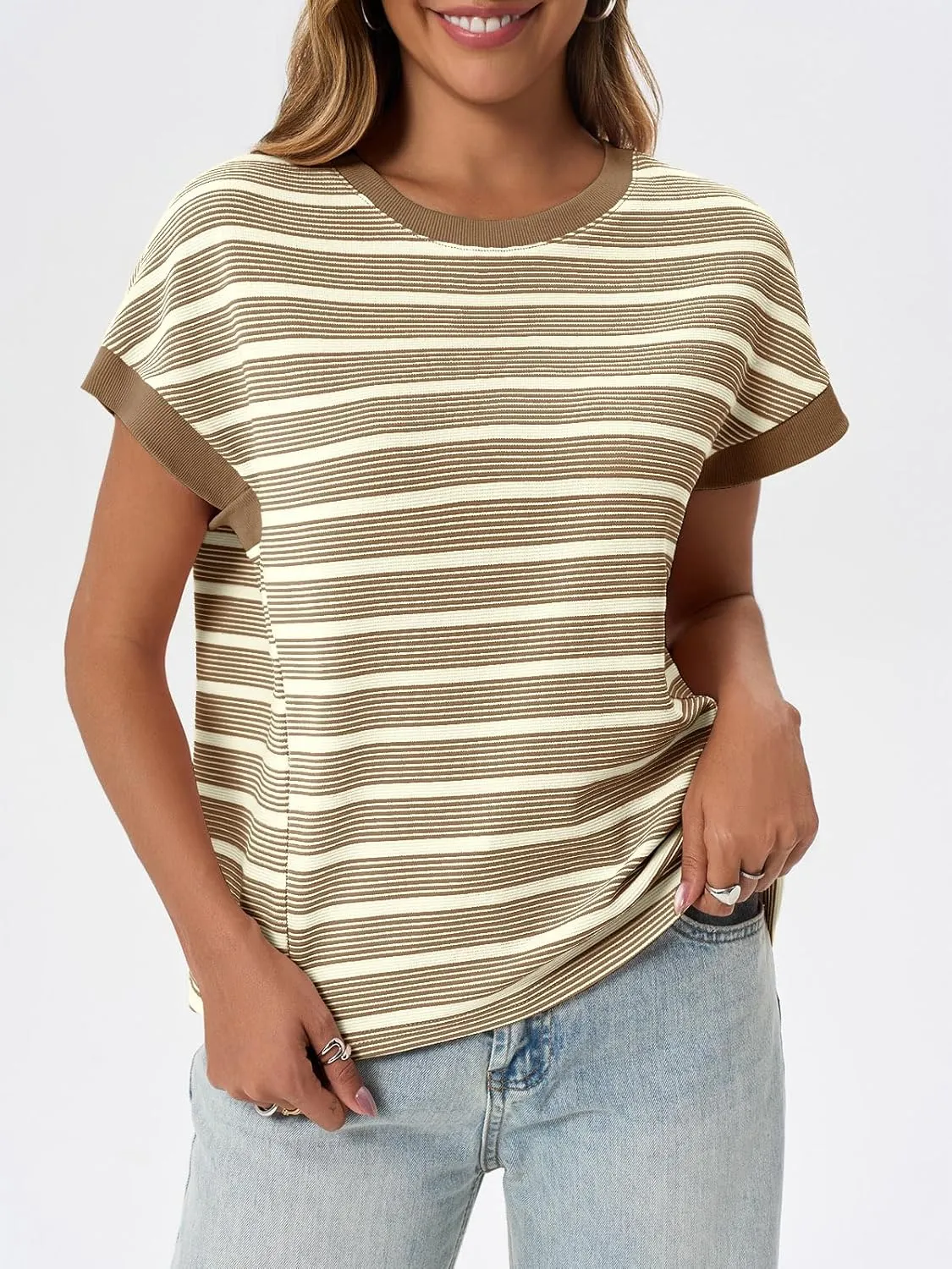 Tankaneo Womens Striped Cap Sleeve T Shirts Summer Casual Oversized Ribbed Knit Tops Crew Neck Loose Fit Blouses