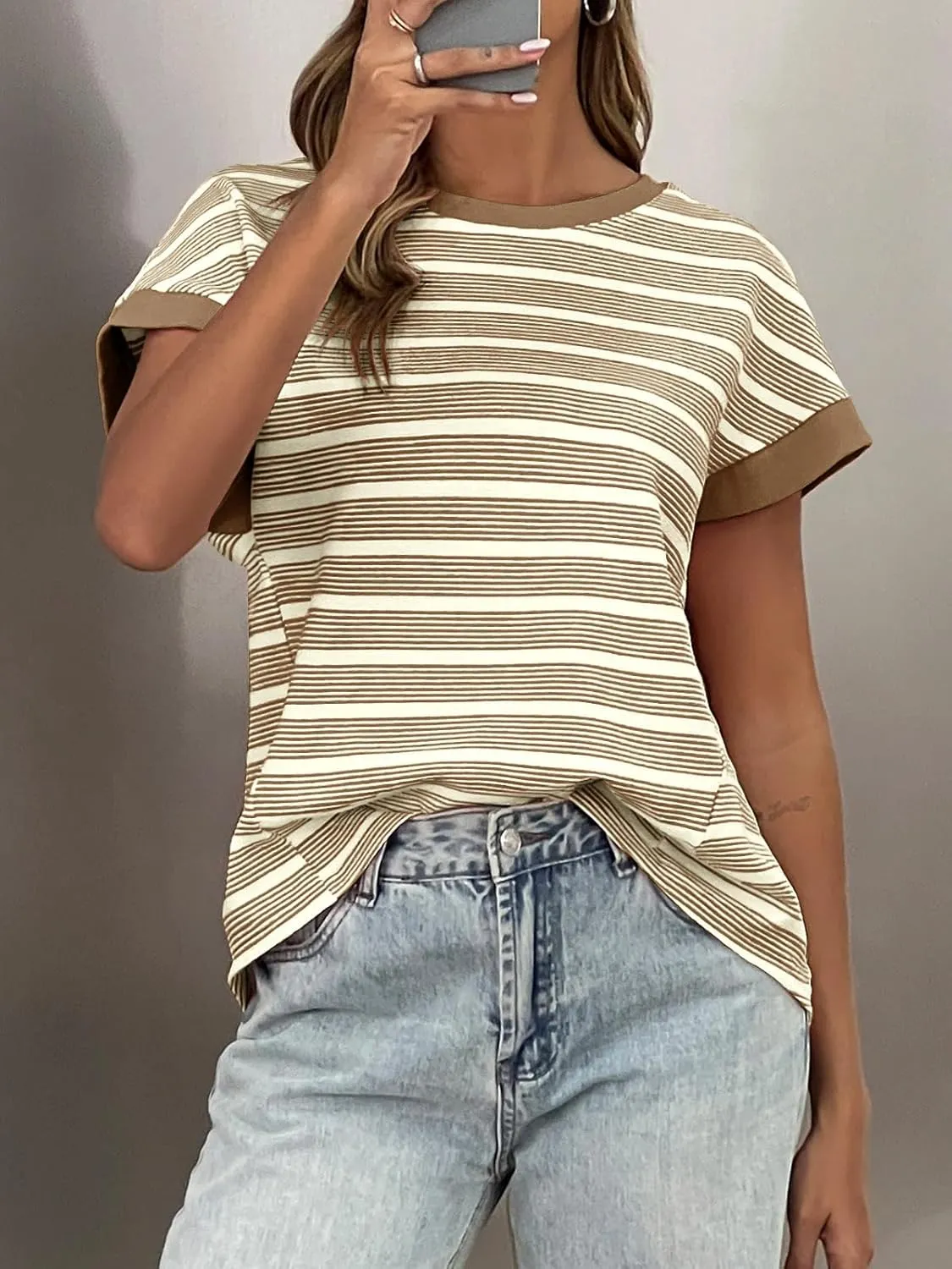 Tankaneo Womens Striped Cap Sleeve T Shirts Summer Casual Oversized Ribbed Knit Tops Crew Neck Loose Fit Blouses