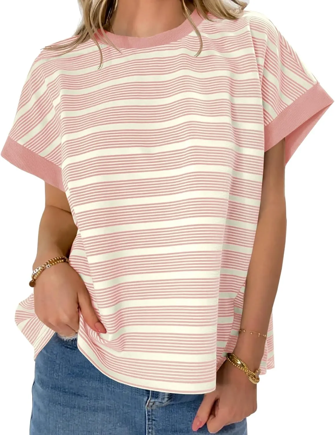 Tankaneo Womens Striped Cap Sleeve T Shirts Summer Casual Oversized Ribbed Knit Tops Crew Neck Loose Fit Blouses