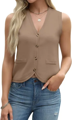 Tanou Sweater Vest for Women Casual Sleeveless Button Up V Neck Cardigan Summer Knit Ribbed Tank Tops