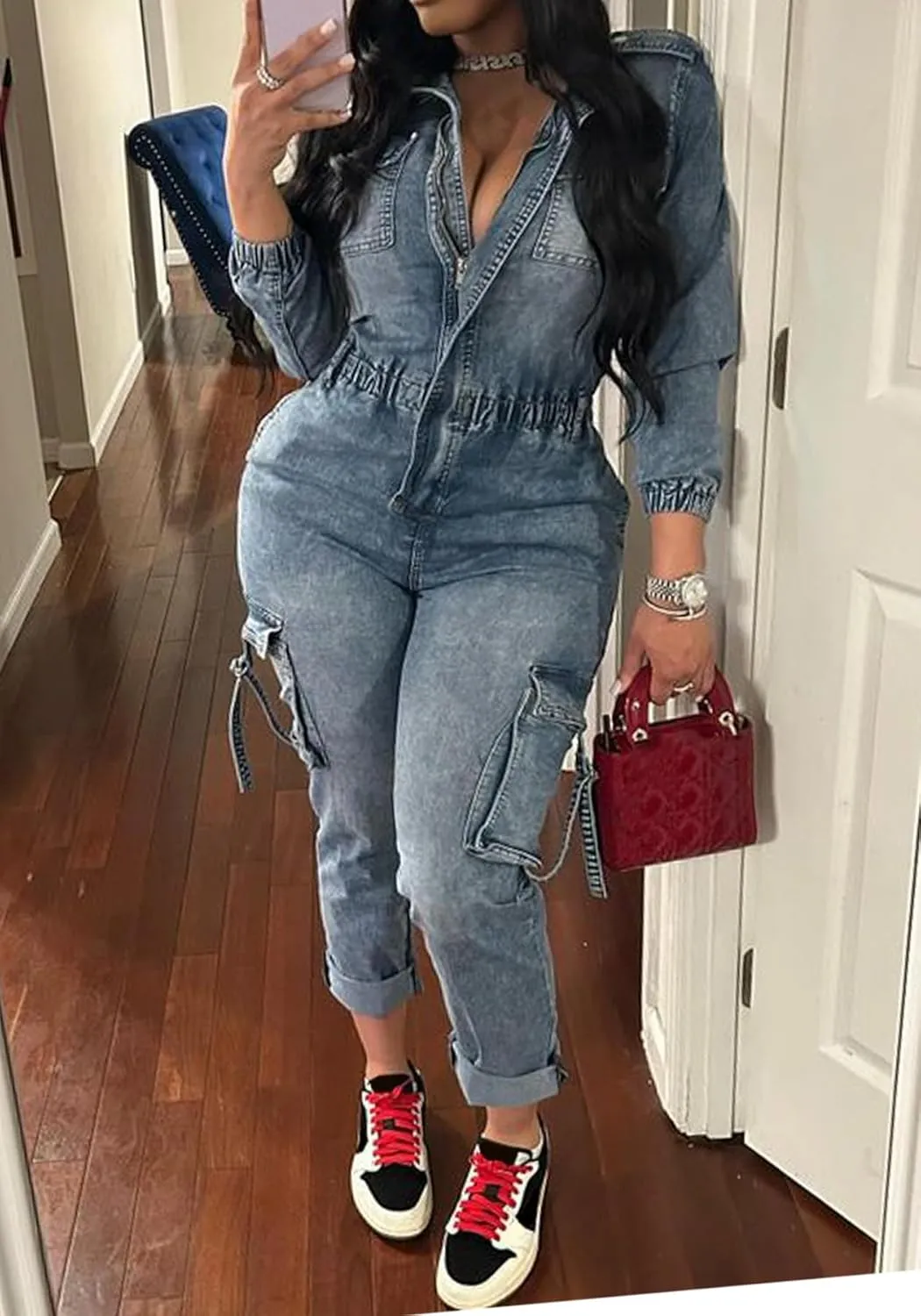 Tbahhir Denim Overalls for Women Cargo V Neck Long Sleeve Tunic Jumpsuits Slim Fit Long Jean Romper with Pockets