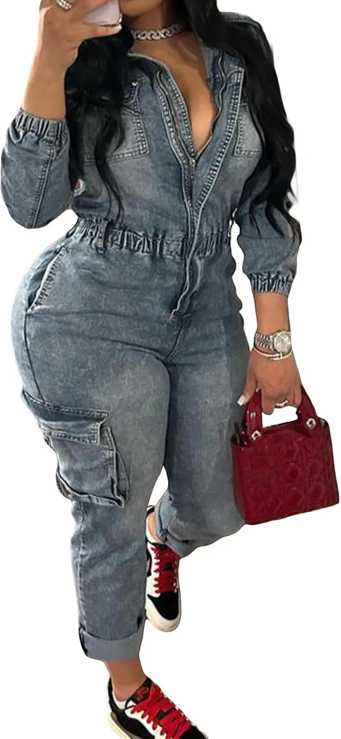 Tbahhir Denim Overalls for Women Cargo V Neck Long Sleeve Tunic Jumpsuits Slim Fit Long Jean Romper with Pockets