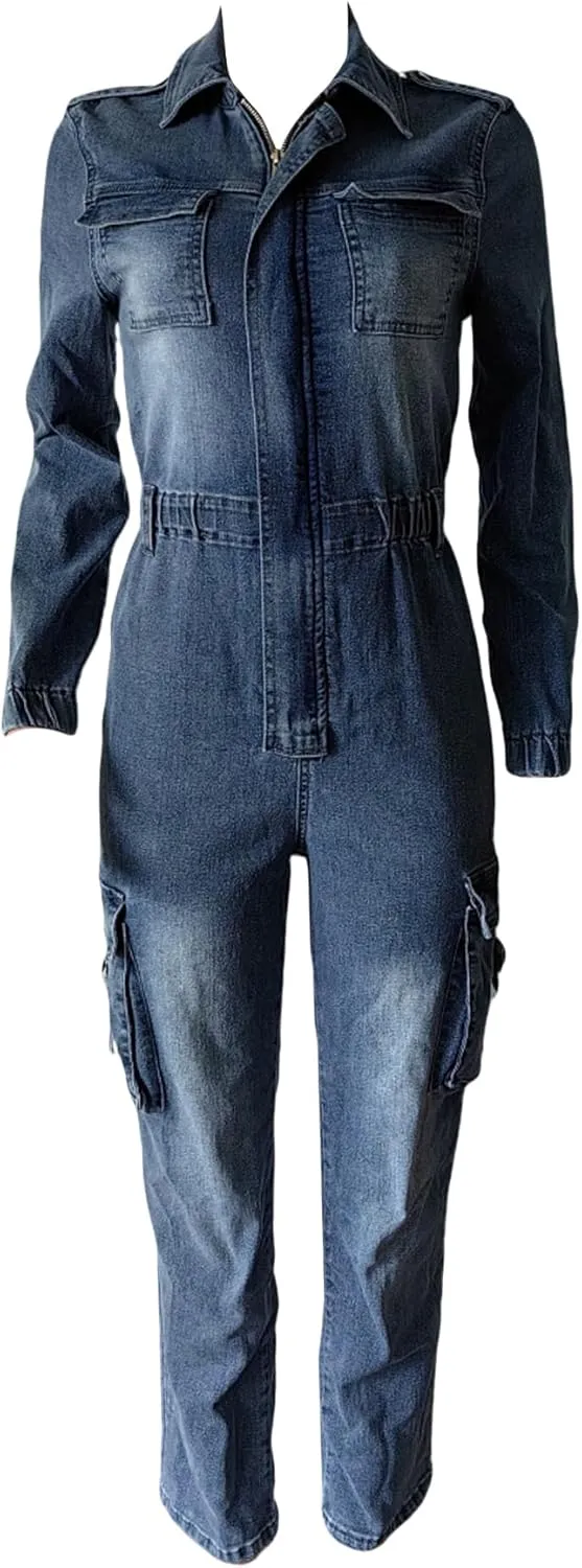 Tbahhir Denim Overalls for Women Cargo V Neck Long Sleeve Tunic Jumpsuits Slim Fit Long Jean Romper with Pockets