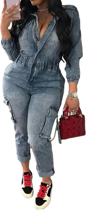 Tbahhir Denim Overalls for Women Cargo V Neck Long Sleeve Tunic Jumpsuits Slim Fit Long Jean Romper with Pockets