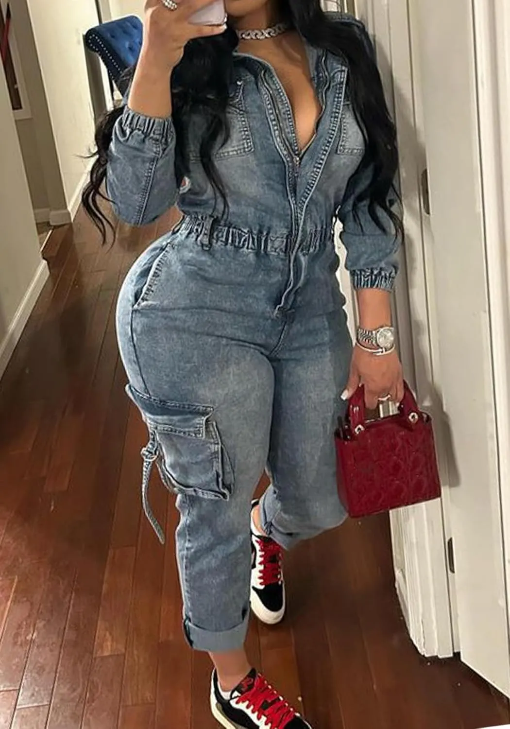 Tbahhir Denim Overalls for Women Cargo V Neck Long Sleeve Tunic Jumpsuits Slim Fit Long Jean Romper with Pockets